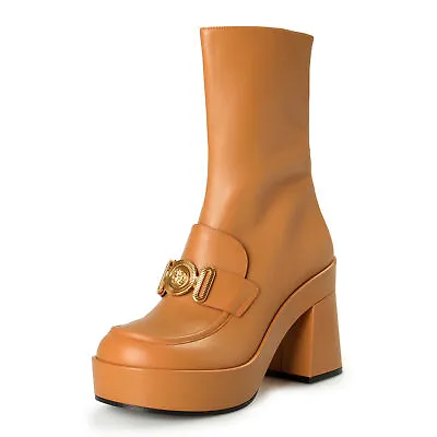 Versace Women's Brown Leather Logo Gold Medusa Heeled Platform Boots Shoes • $749.99