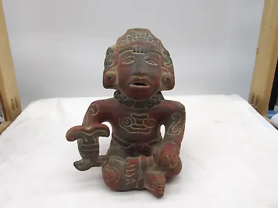 Mexican Folk Art Terracotta Pottery Aztec Mayan Seated Tribal Figure 7.25 X 5.5  • $35