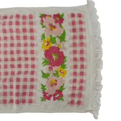 PEQUOT Vintage Hand Towel Mid Pink Gingham Floral Fringe 15 X 24 In Mid Century • $12