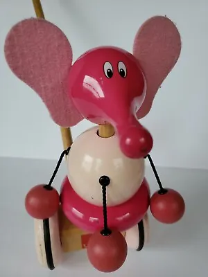 Wood Vilac Fan Fan Pink Elephant Wheeled Push & Pull Along String Toy France • $45