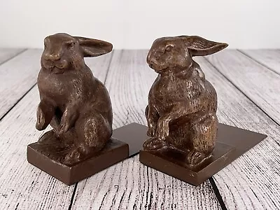 Vintage Rabbit Bookends Set Of 2 Cast Resin Bunny Brown Metal Base • $34.99