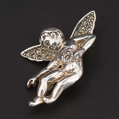 VTG Sterling Silver - Marcasite Cherub Cupid Heart Brooch Pin - 5g • $2.99