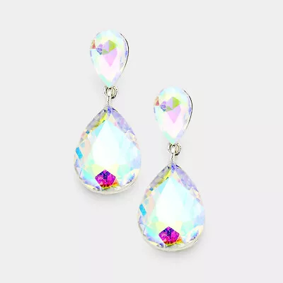 Crystal Earrings Long 1.75  Drop Double Teardrops SILVER AB Evening Post Stone • $12.99