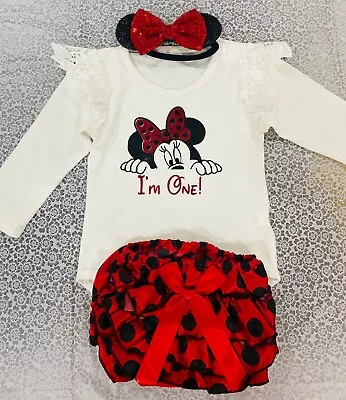 Baby Girl Minnie Mouse Romper 3 Piece First Birthday Outfit Bloomers Cake Smash • $49.95