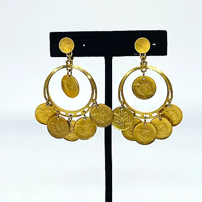 Vintage Midcentury Coin Hoop Earrings Gold Tone Gypsy Boho Clip On 1 Kurus Coins • $26.14