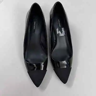 $38 • Buy Zara Basic Collection Patent Shoe Pointed Toe Chunky Heel Leather Black Size 39