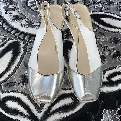 Womens John Lewis White And Silver Leather Peeptoe Wedge Size6 • £12