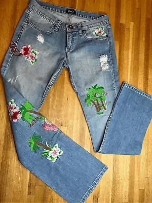 D&G Womens Tropical Embroidery Full Length Distressed Jeans Blue Size W 30 L 32 • $98