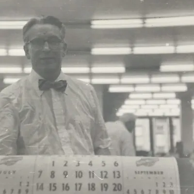 Vintage Black And White Photo Man Standing Bow Tie Offices Lights Calendar Work • $6.69