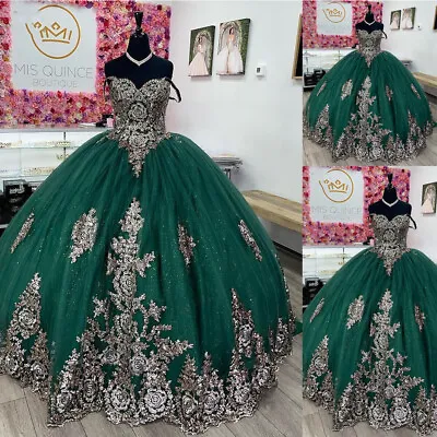 Green Quinceanera Dresses Ball Gown Silver Appliques Lace Pageant Party Sweet 15 • $143.99