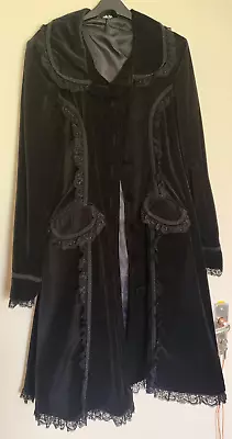 Ladies Black Velvet Style Gothic Steampunk Coat Lace Trim Full Spin Doctor • £31