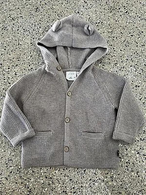 NWOT Zara Baby Knit Wear Hooded Sweater Button Up Bear Hoodie Gray 6-9 Months • $5.99