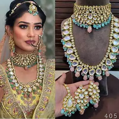 Indian Kundan Pearl Necklace Earrings Tikka Bollywood Style Bridal Jewelry Set • $190.53