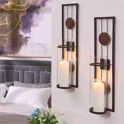 Modern Floating Metal Medallion Pillar Candle Sconces Wall Mounted Set Of 2 • $48.95