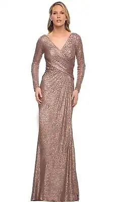La Femme 30310 Sequined Long Sleeves V-Neck Gown SZ 8 Cocoa Mrsp $438 • $118.40