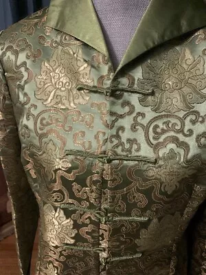 EUC Vintage FULLY LINED Chinese GREEN  SILK Brocade FROG  JACKET XL • $18