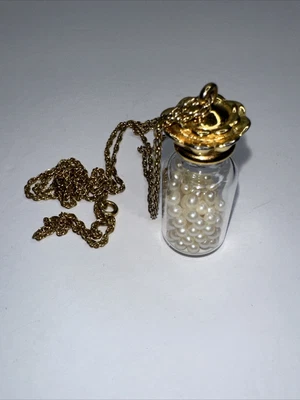 $20.90 • Buy Glass Jar Of Faux Pearls Pendant Necklace Gold Tone Chain 30  Lon G Charm