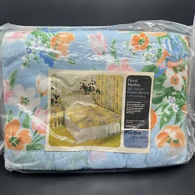 Vintage NOS JC Penny Blue Floral Acrylic Nylon Edge Full Size Blanket 80x90 • $55.99