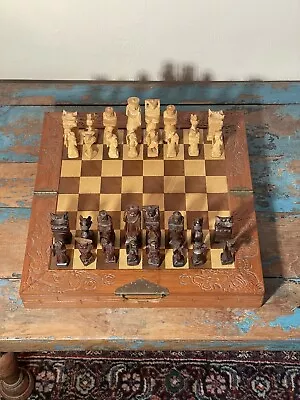 Vintage Asian Hand Carved Wood With Brass Detail Chess Set W/ Built In Drawers • $85