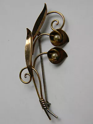 Mid-Century Van Dell G.F. On 925 Sterling Silver Floral Brooch W/Faux Pearls • $14.99