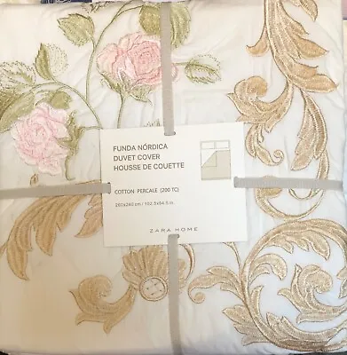 New Zara Home White Super King Size Duvet Cover + Pillowcases Embroidered Gold • £85