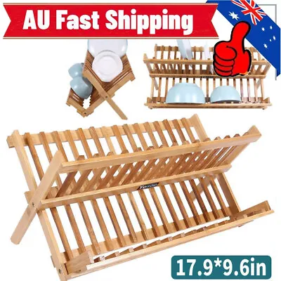 Double Tier Dish Rack Drying Drainer Over Sink Bamboo Rack Foldable Kitchen • $16.13