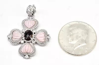 JUDITH RIPKA Pink Mother Pearl Smoky Quartz & CZ Maltese Cross Enhancer Pendant • $88.88