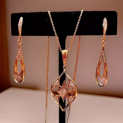 KABANA 14k Rose Gold Necklace Earring Set With Pink Mother Of Pearl And Diamonds • $499