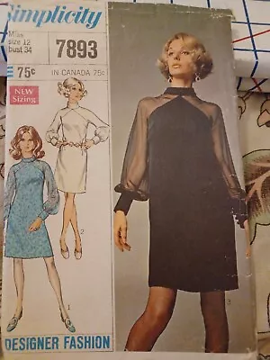 Simplicity 7893 Vintage 60's Mod Dress Size 12 Bust 34  Cut  Complete • $14