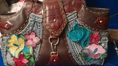 Vintage High End Embroidered Flower DENIM Leather Silver  Studded Buckle Purse • $49