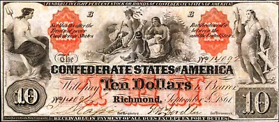 1861 $10 CSA T22 *Reproduction* Civil War Currency Indians Thetis Pictured • $3.50