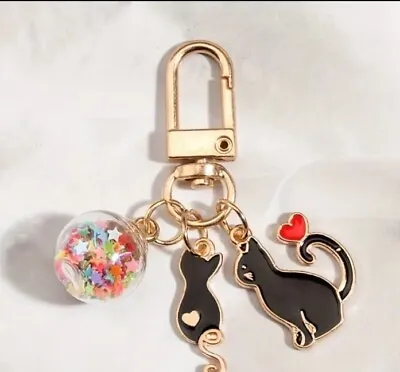 Black 2 Cat Keychain Keyring Bag Charm + Glitter Ball New + FREE GIFT UK Seller  • £3.48