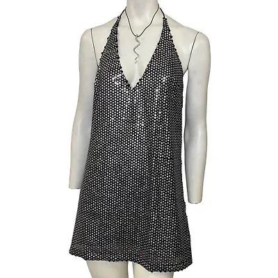 Motel Rocks Sequin Open Back V-Neck Halter Mini Dress Silver Size XS NWT • $25