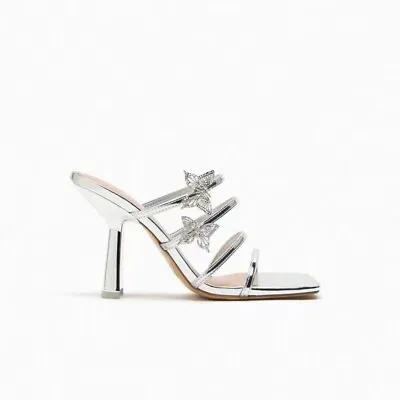$39.11 • Buy Zara Silver Metallic Butterfly High Heels Sandals Open Toe Slip On Block Heels