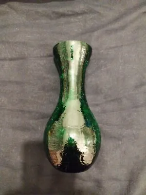 Vase Gorgeous Emerald Green Crackle Art Glass Vase Square Pinched Body • £15