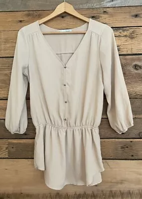 Maurices Blouse Womens Small Beige V-Neck Button Peplum 3/4 Balloon Sleeves • $9.99