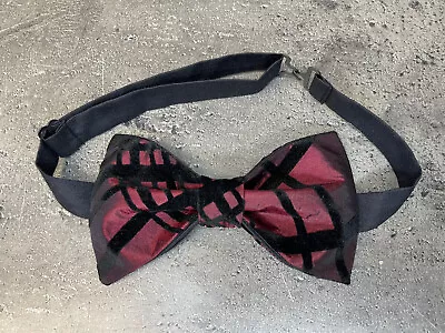 Custom Mens Burgundy Black Velvet Plaid Bow Tie Pre-tied Adjustable Handmade • $15.32