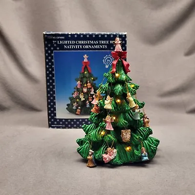 Vintage 7  Resin Lighted Christmas Tree With 11 Nativity Ornaments Battery • $17.29