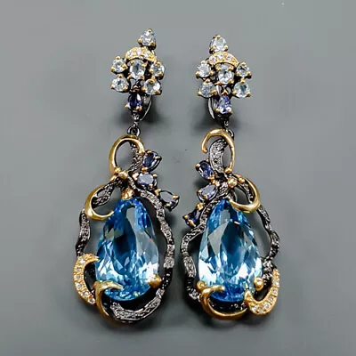 Fashion Jewelry 55 Ct Blue Topaz Earrings 925 Sterling Silver /E109616 • £102.93