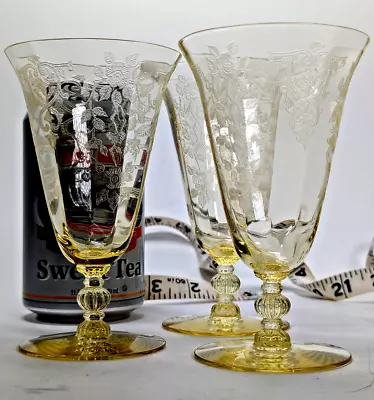 30's Cambridge Glass 3pc Juice Glass Apple Blossom Etch 744 Gold Krysol Yellow • $43.99