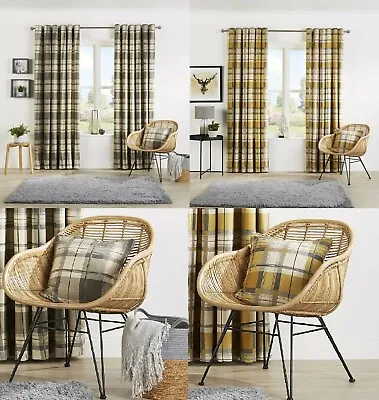 Tartan CHECK Cotton Rich Eyelet Ring Top Lined Pair Curtains Or Cushion Cover • £30.99