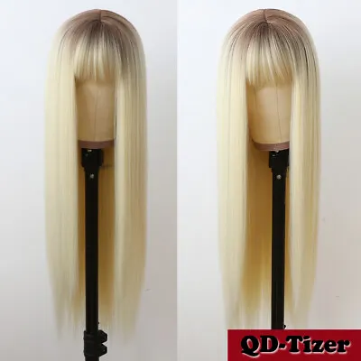 $20.40 • Buy Women's Full Neat Bangs Brown Roots 613 Blonde Synthetic Hair Wigs Long Straight