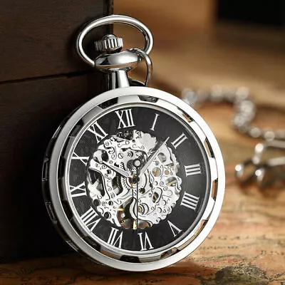 Men Vintage Roman Numerals Skeleton Mechanical Pocket Watch Pendant Chain Gifts • £15.98