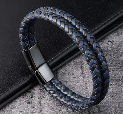 Men / Women Black Blue Braided Genuine Leather Bracelet Double Band Bangle 6-9  • $13.99