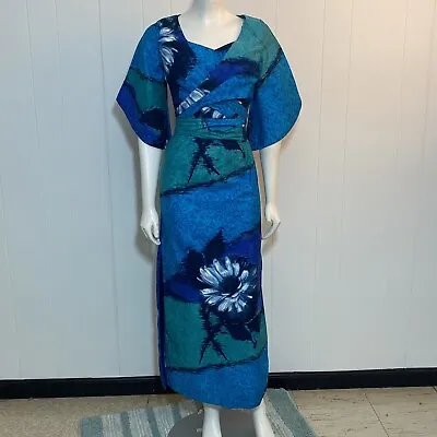Vintage Liberty House Dress Womens S Green Blue Floral Hawaiian Kimono Maxi 60's • £193