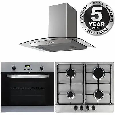 SIA 60cm Single Electric Oven 4 Burner Gas Hob & Curved Glass Cooker Hood Fan • £370.99