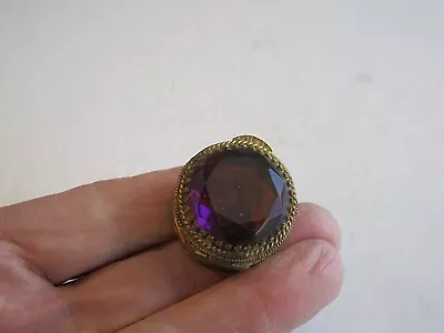 Vintage V. Villani Italy Gold Trinket Pill Box Jewel Top Faceted Amethyst Stone • $35