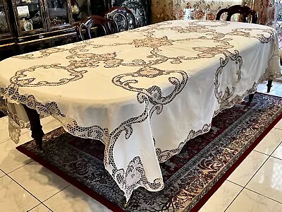 Vintage Ecru Linen Handmade Banquet Size Point De Venise Tablecloth / Bedspread • $173.37