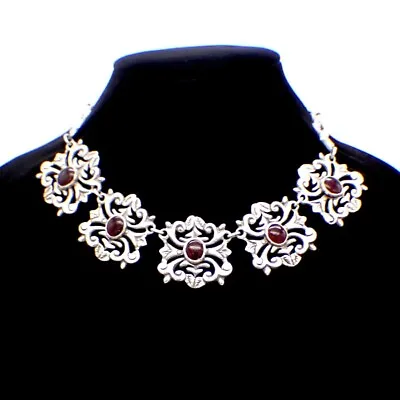 Ornate Link Necklace Sterling Silver Red Glass Gems Mexico • $259.25