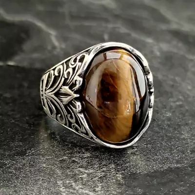 Mens Brown Tiger's Eye Stone Ring  Men Silver Oval Tigers Eye Gemstone Ring • $60